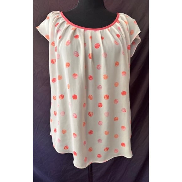 LC Lauren Conrad Tops - LC Lauren Conrad Women Pink Orange Polka Dot Bow Back Cap Sleeve Blouse Medium